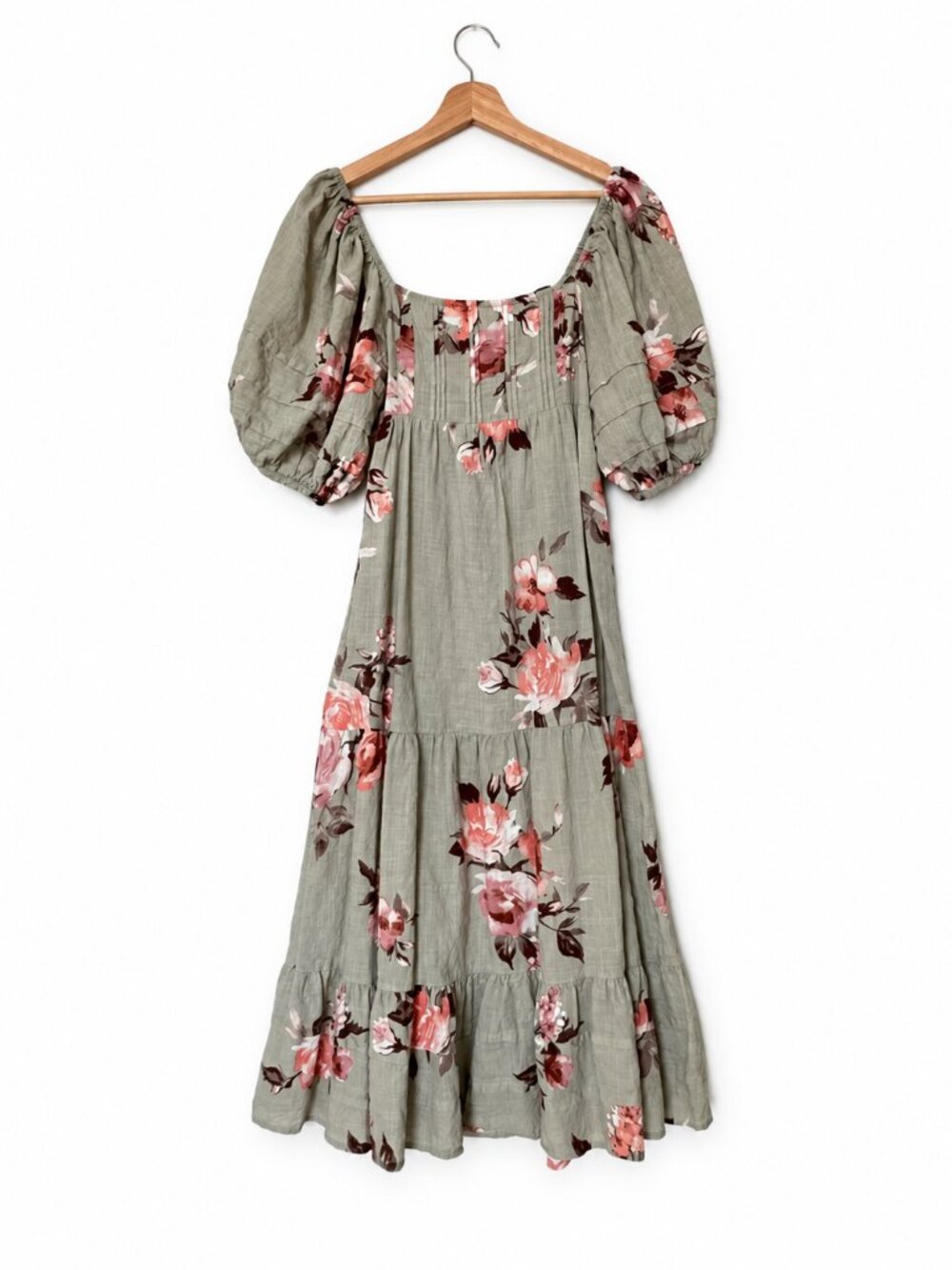 Blue B Floral Midi Dress S Puff Sleeve Cottagecore Boho Tiered Linen Blend